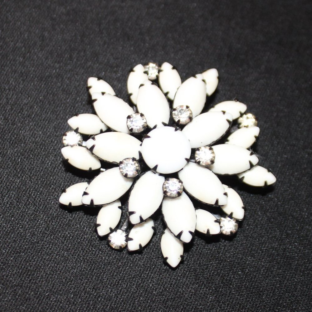 Vintage Milk Glass And Rhinestone Brooch